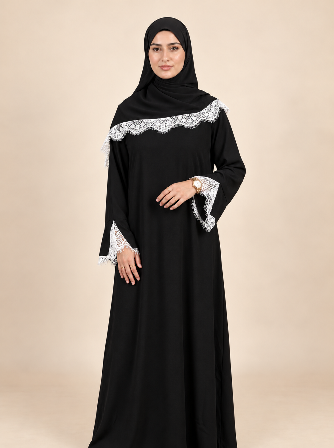 Royale – Abaya fluide à dentelle contrastée