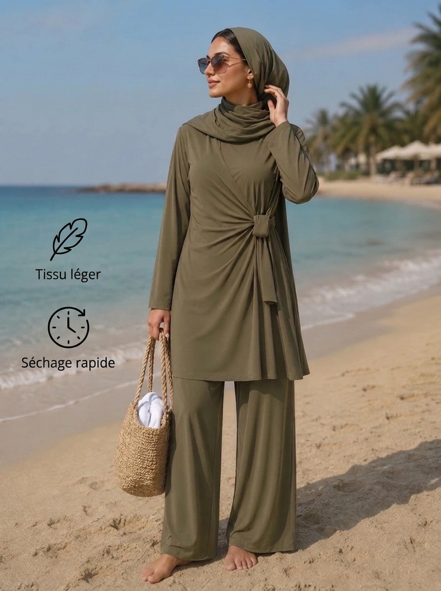 Burkini Oasis kaki - ensemble 3 pièces couvrant plage - Kiswa Collection