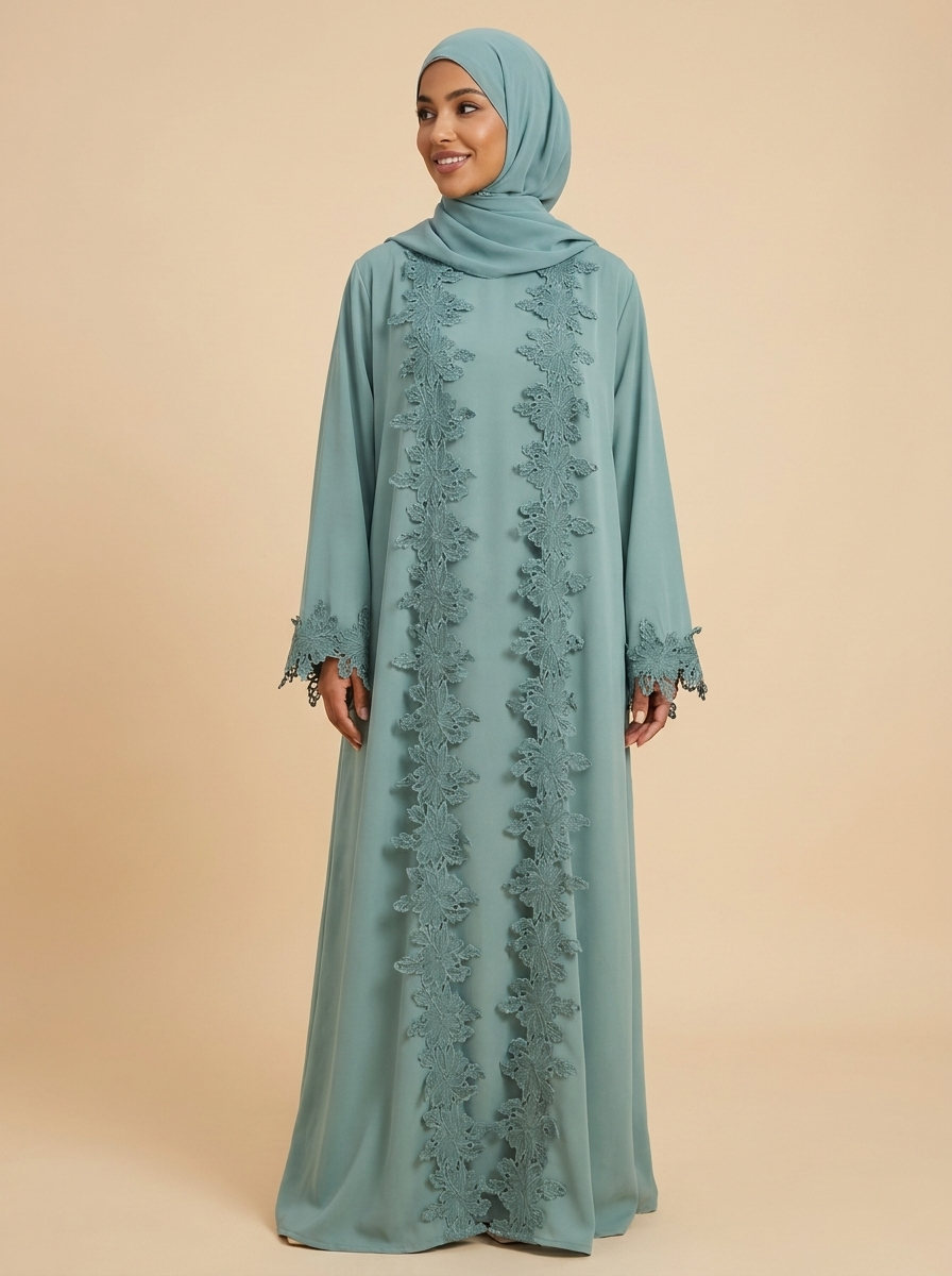 Abaya Prestige vert sauge, vue de face – Kiswa Collection