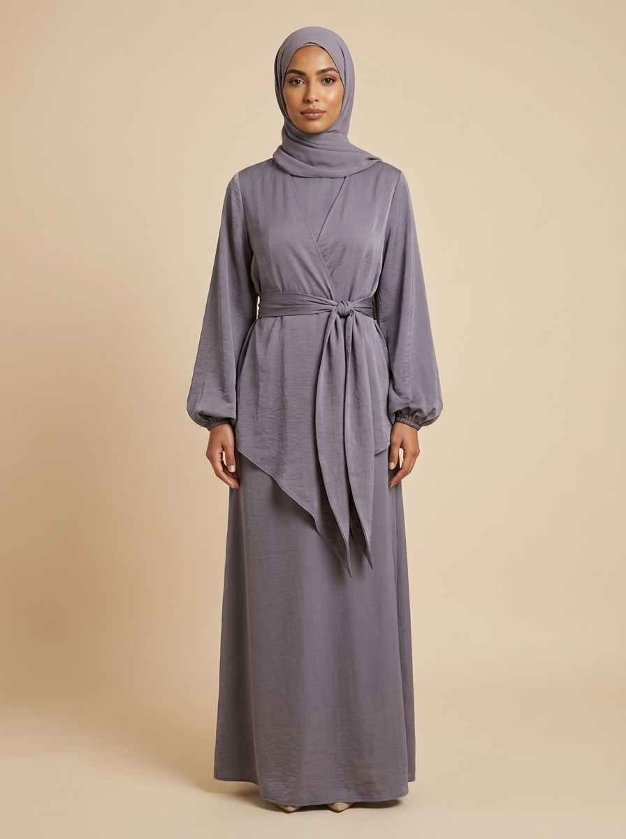 Abaya Signature violet, silhouette debout – Kiswa Collection