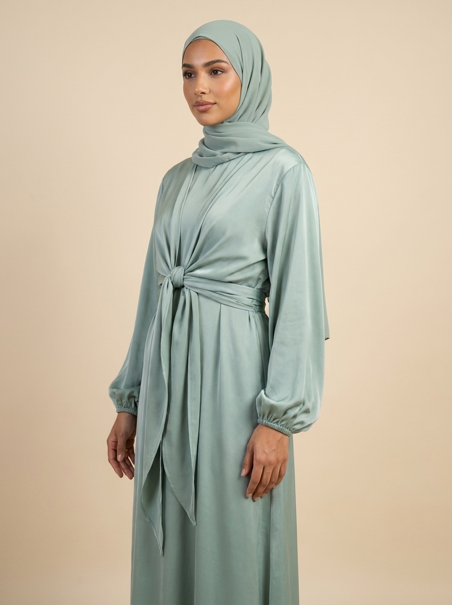 Abaya Signature vert sauge, gros plan – Kiswa Collection