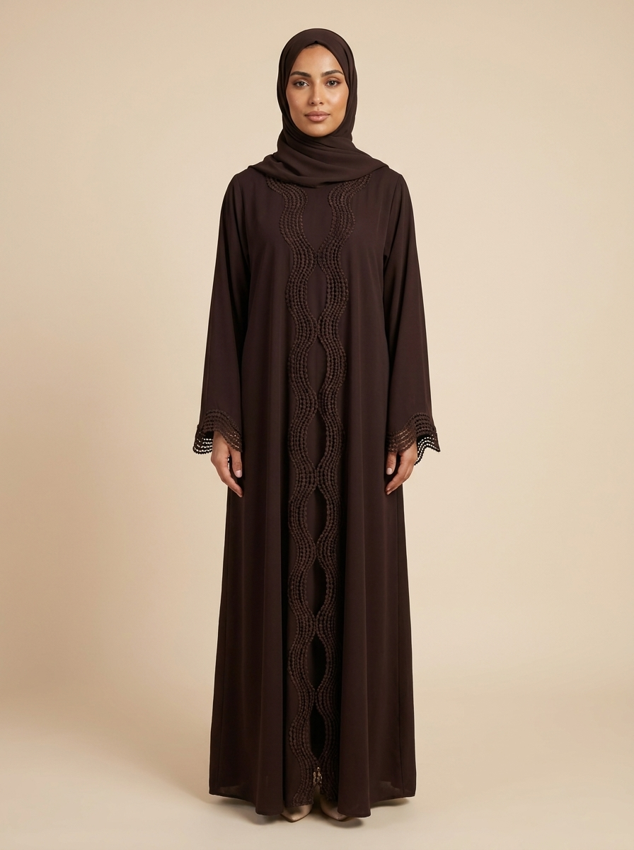 Abaya Sofia café intense marron, vue de face – Kiswa Collection